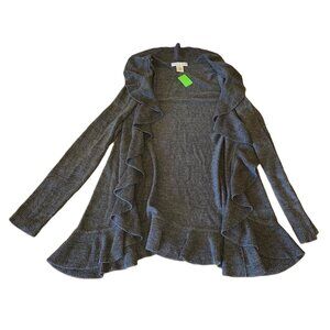 Vintage Suzie Womens Gray Ruffle Trim Open Cardigan Sweater Lightweight Acrylic